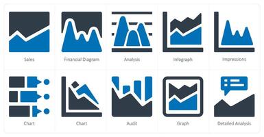 A set of 10 Diagrams and Reports icons as sales, financial diagram, analysis vector