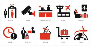 un conjunto de 10 aeropuerto íconos como detección, circuito cerrado de televisión, información escritorio vector