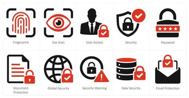 A set of 10 cyber security icons as fingerprint, eye scan, user access vector