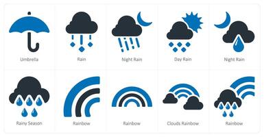 A set of 10 Weather icons as umbrella, rain, night rain vector