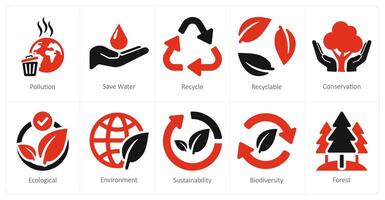 A set of 10 ecology icons as pollution, save water, recycle vector
