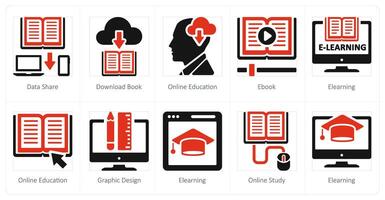 un conjunto de 10 en línea educación íconos como datos compartir, descargar libro, educación en línea vector