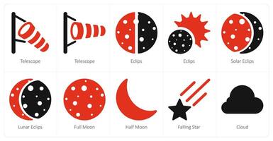 un conjunto de 10 clima íconos como telescopio, eclipses, solar eclipses vector