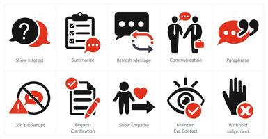 A set of 10 active listening icons as show interest, summarize, refresh message vector