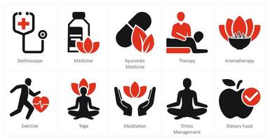 A set of 10 mix icons as stethoscope, medicine, ayurvedic medicine vector