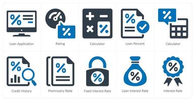 A set of 10 Loan and Debt icons as loan application, rating, calculator vector