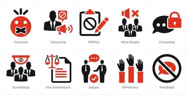 A set of 10 freedom of speech icons as censored, censorship, petition vector