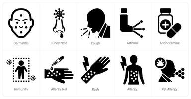 A set of 10 allergy icons as dermatitis, runny nose, cough vector