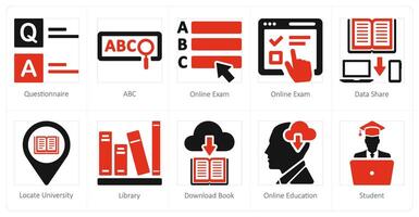 un conjunto de 10 en línea educación íconos como cuestionario, a B C, en línea examen vector