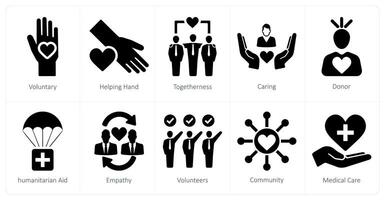 A set of 10 charity and donation icons as voluntary, helping hand, togetherness vector