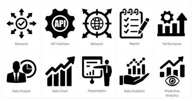 A set of 10 data analytics icons as research, api interface, network vector