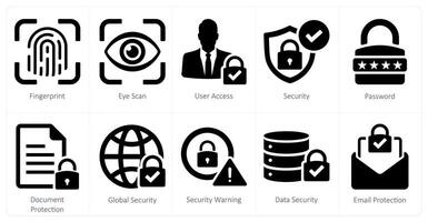 A set of 10 cyber security icons as fingerprint, eye scan, user access vector