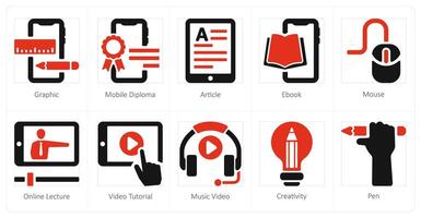 A set of 10 online education icons as graphic, mobile diploma, article vector