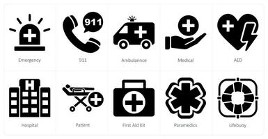 A set of 10 emergency icons as emergency, 911, ambulance vector