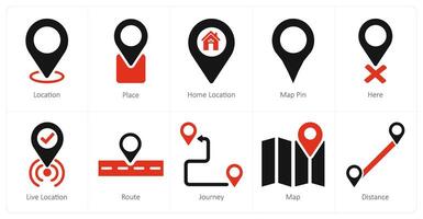 A set of 10 location icons as location, place, home location vector