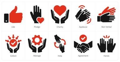 A set of 10 hands icons as like, pledge, charity vector