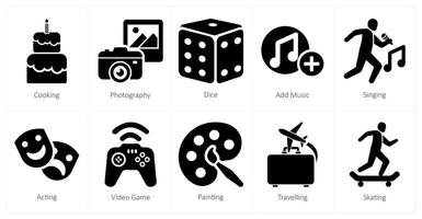 A set of 10 hobby icons as cooking, photography, dice vector