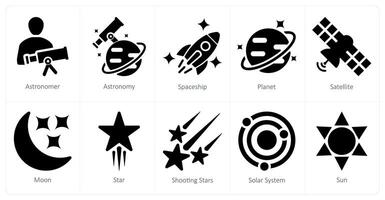 A set of 10 astronomy icons as astronomer, astronomy, spaceship vector