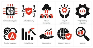 A set of 10 hard skills icons as artificial intelligence, cyber security, cloud computing vector