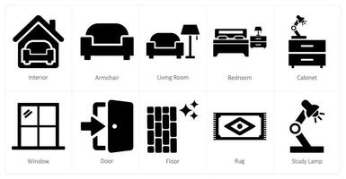 A set of 10 home interior icons as interior, arm chair, living room vector