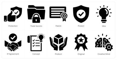 A set of 10 intellectual property icons as protection, trade secrets, patent vector