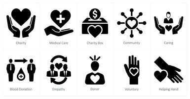 A set of 10 charity and donation icons as charity, medical care, charity box vector