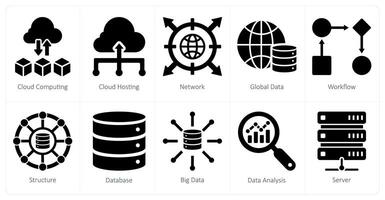 A set of 10 data analytics icons as cloud computing, cloud hosting, network vector