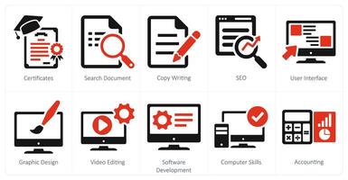 A set of 10 hard skills icons as certificates, search document, copy writing vector