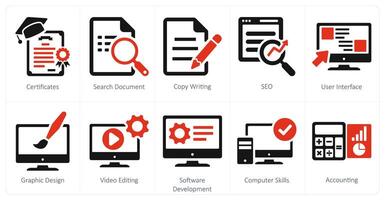 un conjunto de 10 difícil habilidades íconos como certificados, buscar documento, Copiar escritura vector
