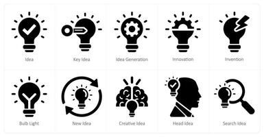 A set of 10 idea icons as idea, key idea, idea generation vector