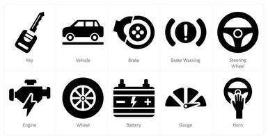 un conjunto de 10 coche íconos como llave, vehículo, freno vector