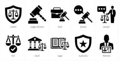 A set of 10 justice icons as justice, judge hammer, case vector
