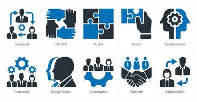 A set of 10 Teamwork icons as teamwork, partners, puzzle vector