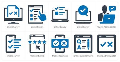 un conjunto de 10 encuesta y calificaciones íconos como en línea encuesta, revisión administrador, móvil encuesta vector