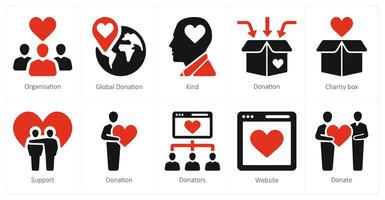 A set of 10 crowdfunding and donation icons as organisation, global donation vector