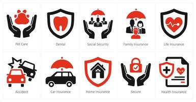 A set of 10 insurance icons as pet care, dental, social security vector