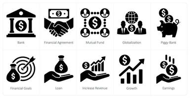 A set of 10 finance icons as bank, financial agreement, mutual funds vector