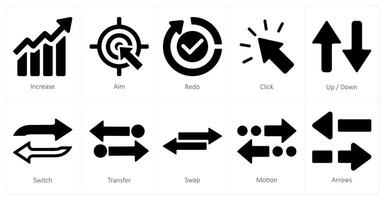 un conjunto de 10 flechas íconos como aumentar, apuntar, rehacer vector