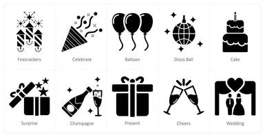 un conjunto de 10 celebrar íconos como petardos, celebrar, globo vector