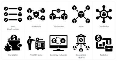 un conjunto de 10 blockchain íconos como bloquear confirmación, cadena de bloques, transacción vector