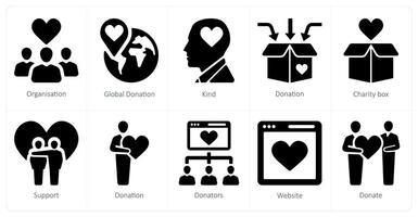 un conjunto de 10 recaudación de fondos íconos como organización, global donación vector