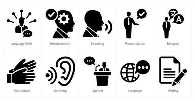 A set of 10 language icons as language skills, interpretation, speaking vector