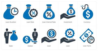 A set of 10 Loan and Debt icons as loan duration, loan rate, loan interest rate vector