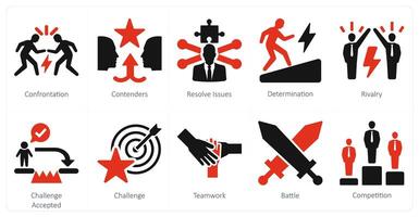 A set of 10 challenge icons as confrontation, contenders, resolve issues vector