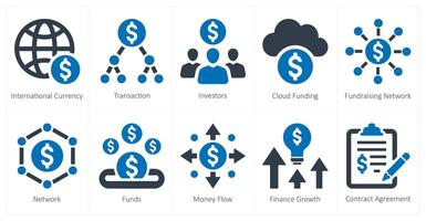 un conjunto de 10 recaudación de fondos íconos como internacional divisa, transacción, inversores vector