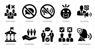 A set of 10 freedom of speech icons as mute people, prohibited, not allowed vector