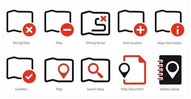 A set of 10 Navigation icons as wrong map, map, wrong route vector