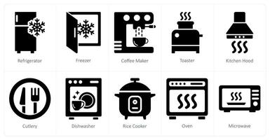 A set of 10 home appliances icons as refrigerator, freezer, coffee maker vector
