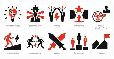 A set of 10 challenge icons as problem solving, resolve issues, rivalry vector