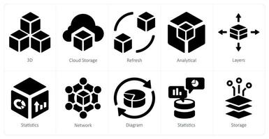 un conjunto de 10 grande datos íconos como 3d, nube almacenamiento, actualizar vector